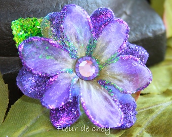 Glitter-Edged Purple Blossom Flower with Crystal Center and Green Leaf on Alligator Hair Clip- Handmade Floral Headpiece