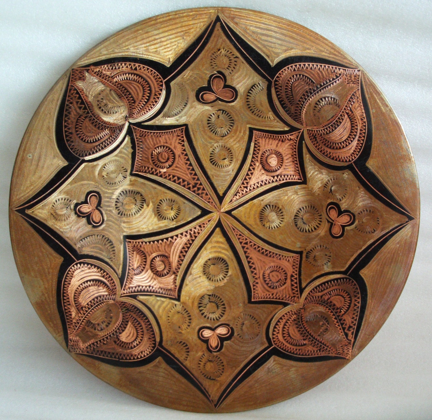Vintage copper plate wall hanging GEOMETRIC & FLORAL folk