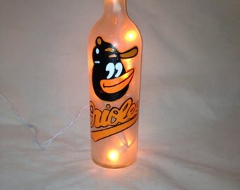 Hand Painted Baltimore Orioles Recycled Wine Bottle with lights