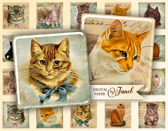 Cats - squares image - digital collage sheet - 1 x 1 inch - Printable Download