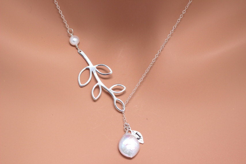 Sterling Silver branch necklace . Initial pearl tree necklace
