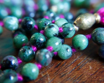 108 Mala Necklace Ruby in Zoisite Anyolite Prayer Beads Meditation Yoga Jewelry Knotted Gemstone Buddhist Rosary