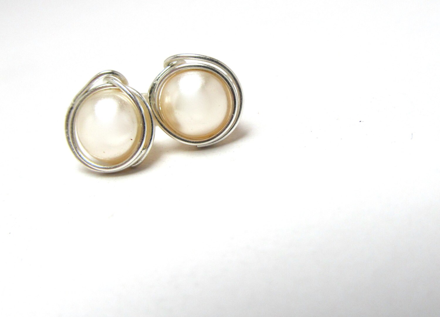Wrapped Wire Earrings Cream Pearl Earrings Sterling Silver