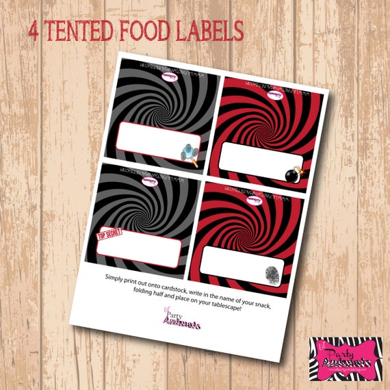 DIY Printable Spy Party Tented Food Labels INSTANT DOWNLOAD By Lil 