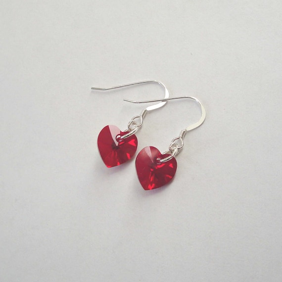 Red Heart Swarovski Crystal Earrings on Sterling Silver Ear