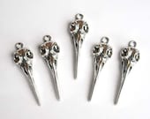 5 Antique Silver Raven Skull Charms