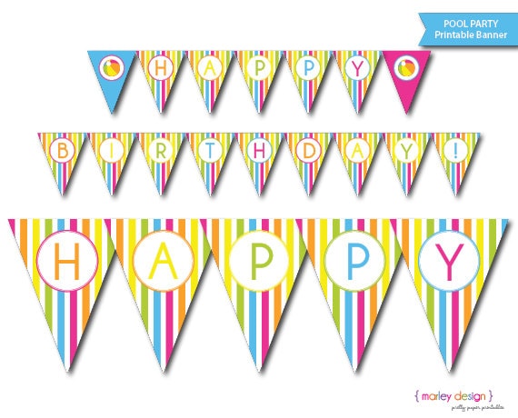 Pool Party Banner Printable Happy Birthday Splish by MarleyDesign