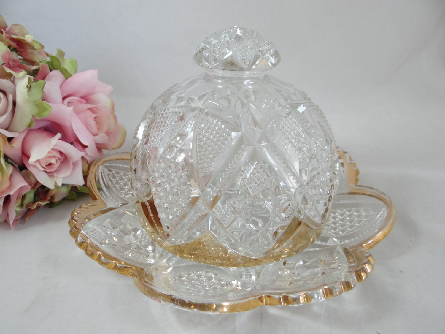 Vintage Glass Butter Dish with Domed Lid and Gold Trim