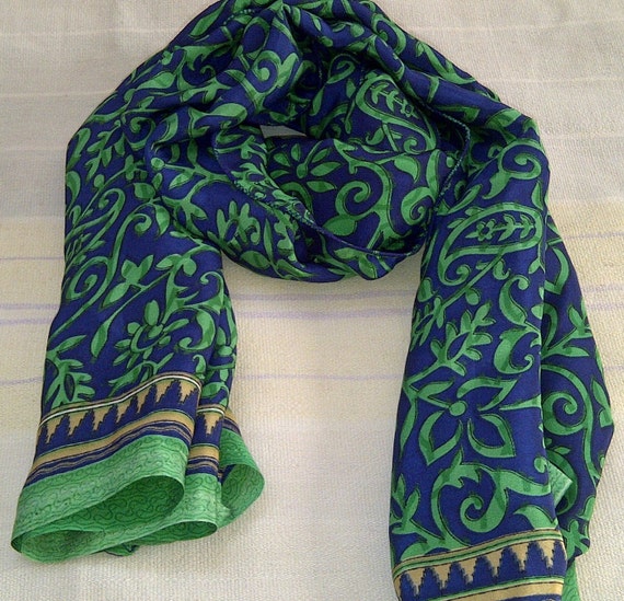 SALE Neck Scarf Indian Silk Sari Scarf Blue and Green Paisley