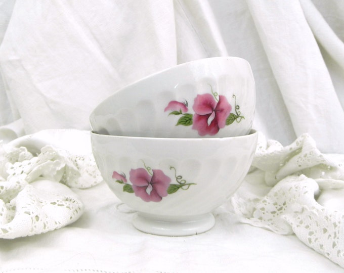 REDUCED TO CLEAR 2 Vintage French White Bone China Cafe au Lait Bowl, with a Sweet Pea Flower Motif / French Country Decor / Retro Vintage