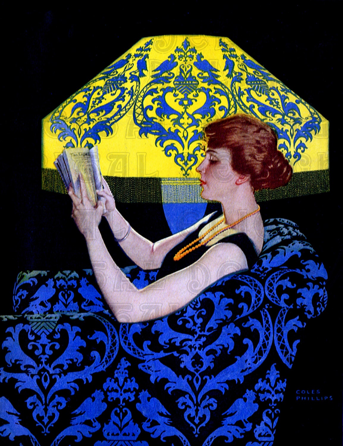 STUNNING Coles Phillips Flapper In Chair READING. Vintage