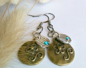 Antique Gold and Silver Earrings with Accented Aqua Blue Focal Gem
