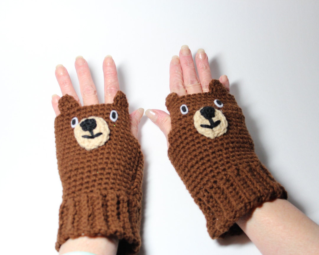 Bear Fingerless Gloves Animal Mittens Brown Crochet Mitts