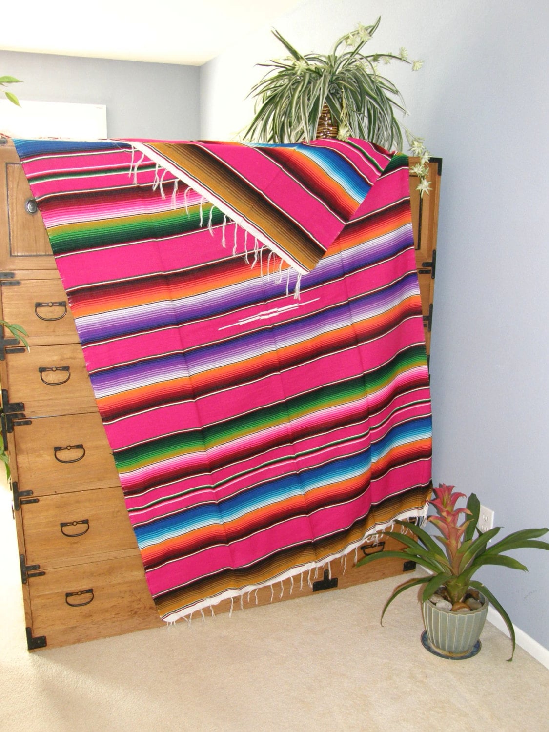 PINK MEXICAN BLANKET Serape Style Hot Pink Gorgeous New