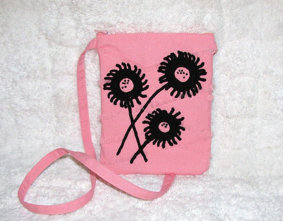 Pink Small Purse Long Strap with Black Crocheted Flowers  Beading ...