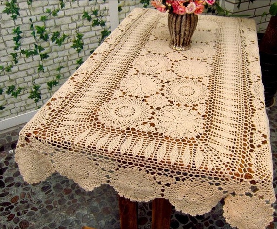 Crocheted Tablecloth Rectangular Beige 36x62 by TableclothShop