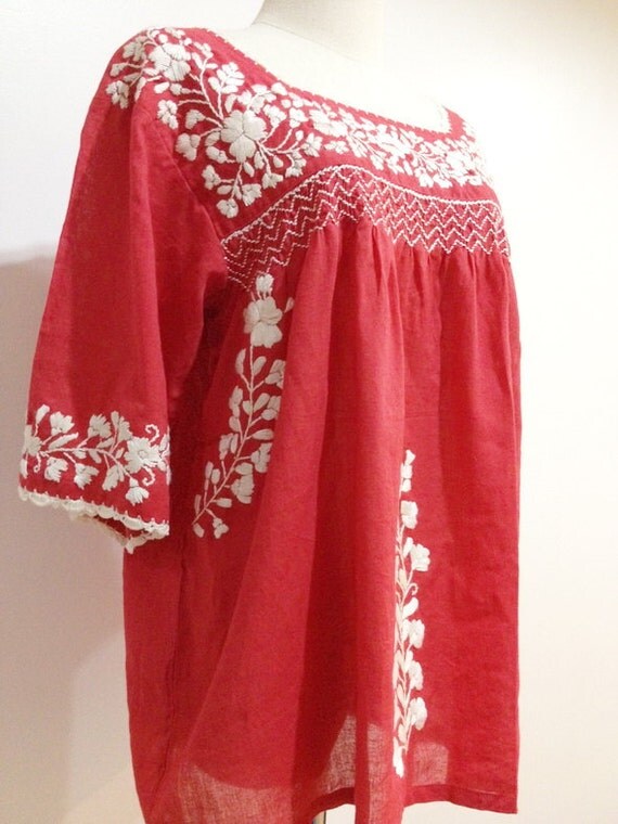 Mexican Embroidered Blouse Cotton Top In Red Boho Blouse