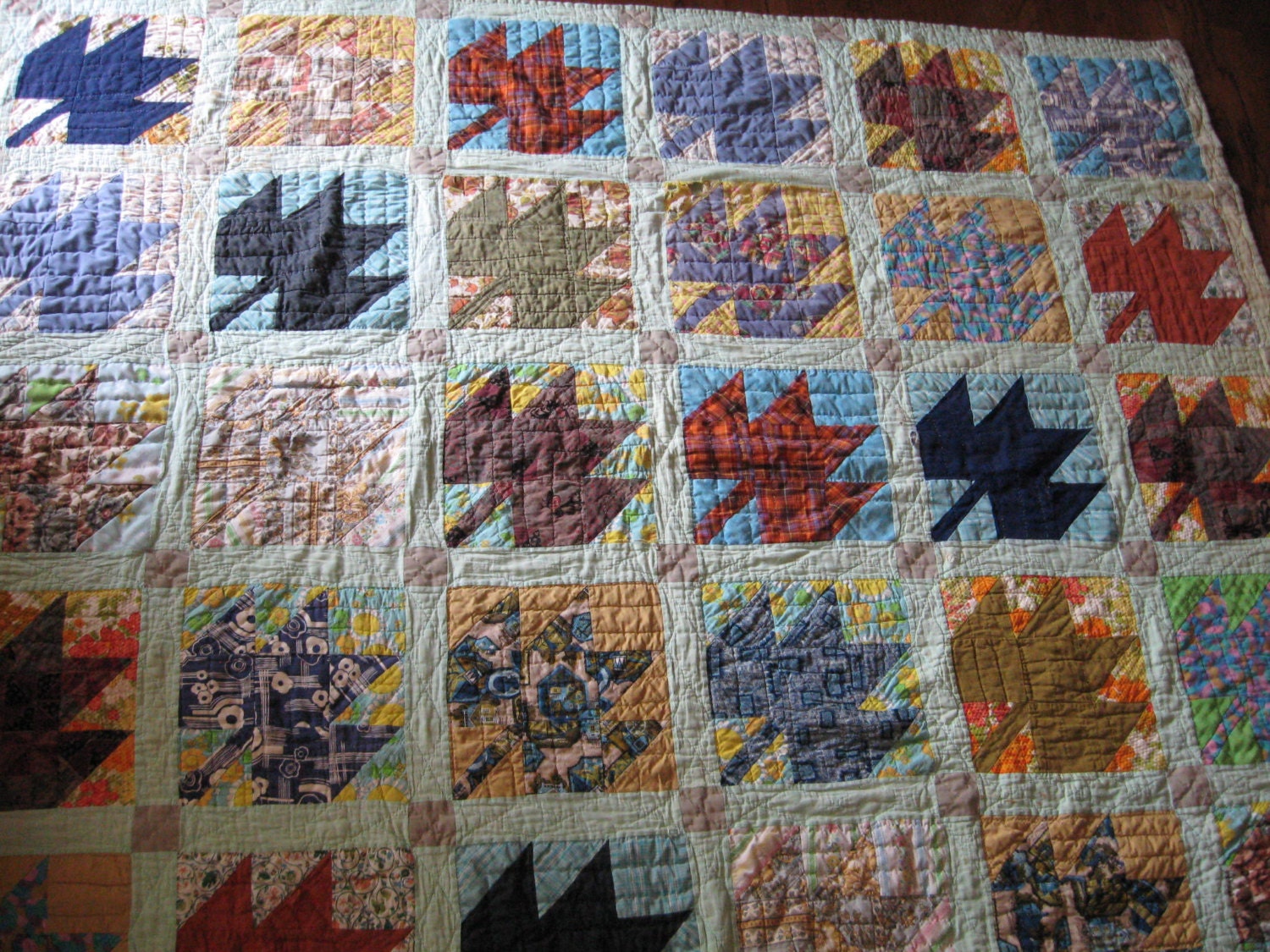 Vintage Colorful Maple Leaf Quilt Hand Quilted