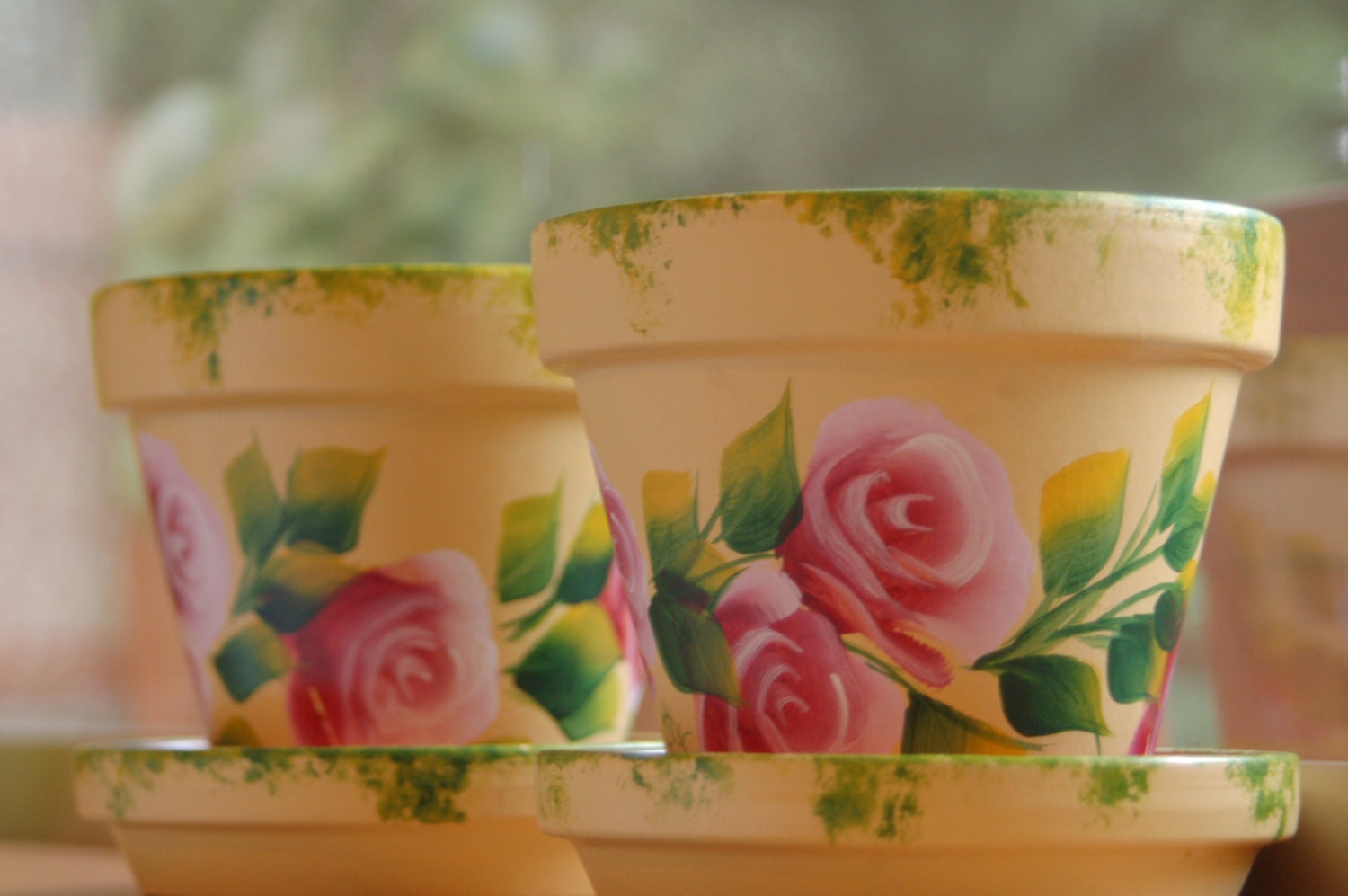 SET of 2 Roses and Leaves Hand Painted clay flower pots 4