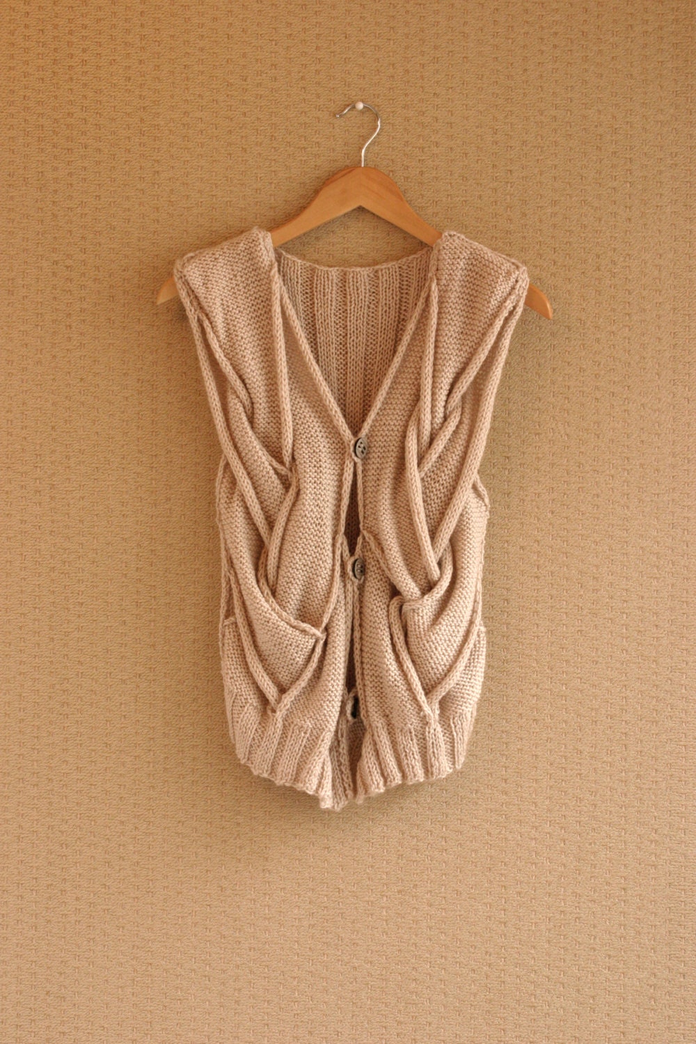 Sale Light Beige Hand Knit Vest Modern Vest Wool Vest Natural