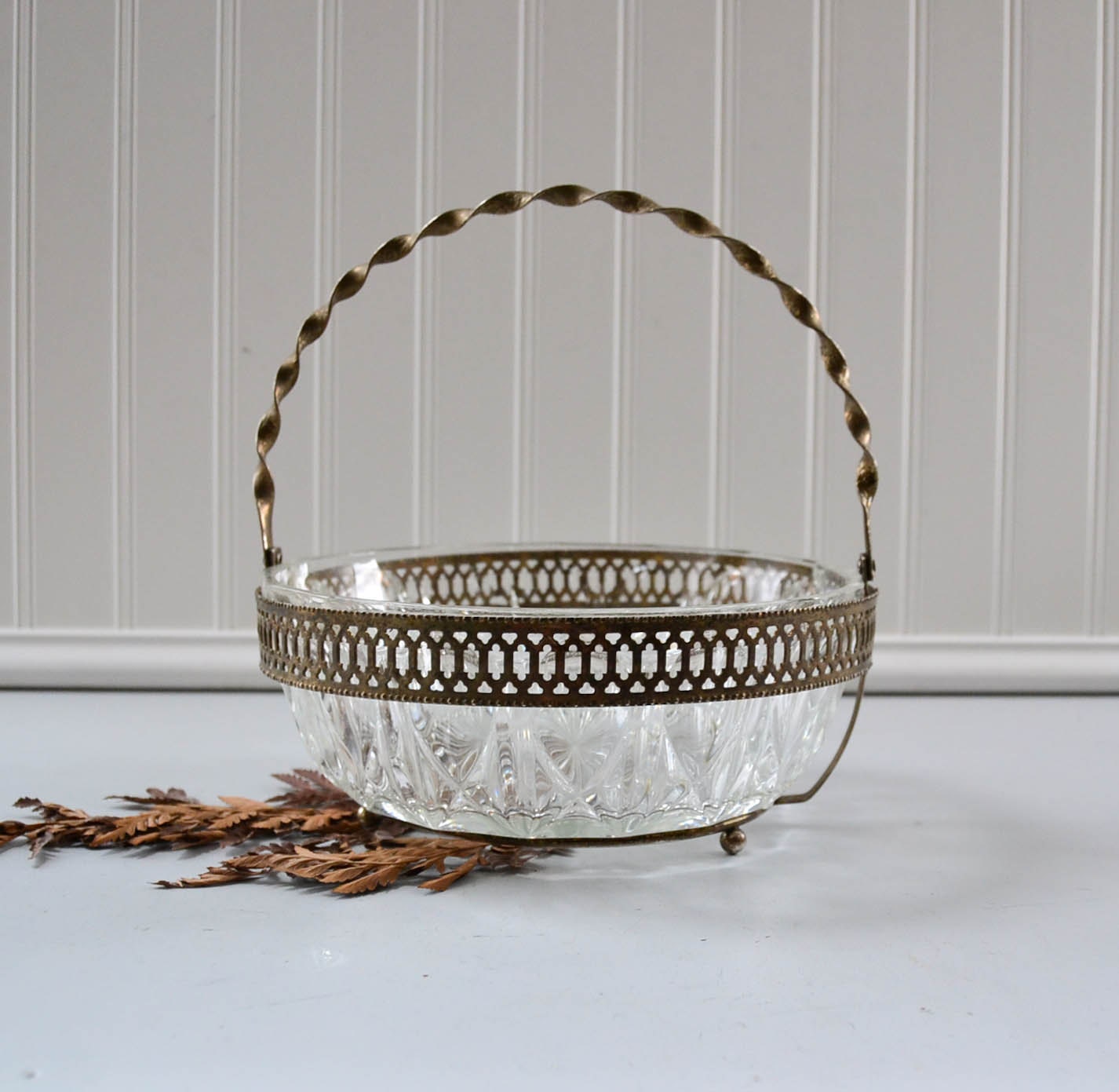 Vintage Glass Bowl Basket with Metal Handle by PeachParlorVintage