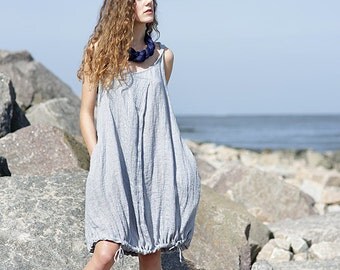Linen dress/ 100% crumpled linen/ long/short dress/ pocket/ gray-blue/ handmade dress