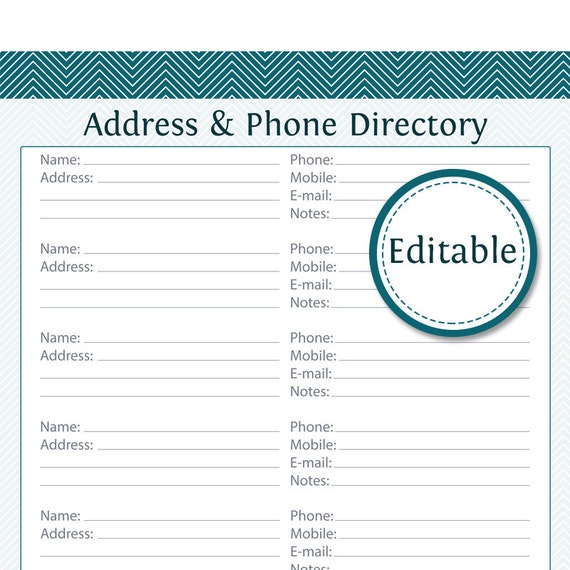 Address Phone Directory Fillable Printable PDF Instant