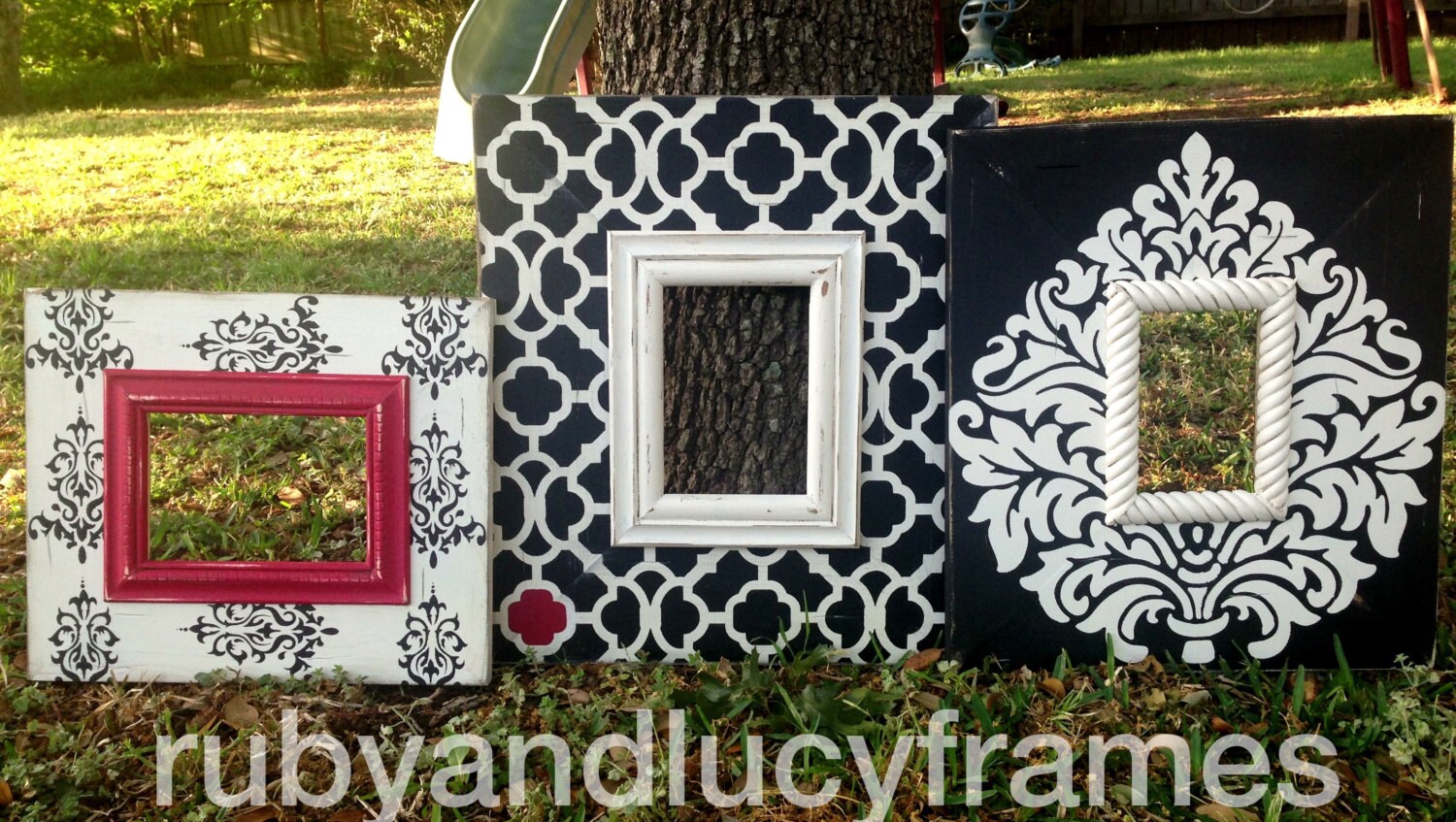 distressed moroccan style picture frames black white & red