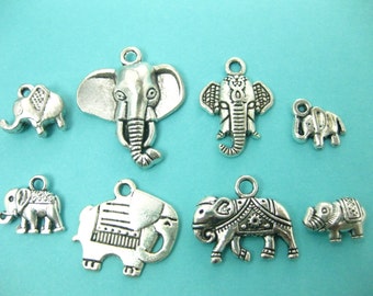 16 Mix Elephant Charms Collection, Mix Antique Silver Pendants