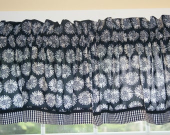White Daisy Toile Navy Blue Valance 17" x 81" Can Alter Curtain Window Treatment