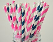 Items similar to Pink and Navy Paper Straws, 50 PINK Striped Paper ...