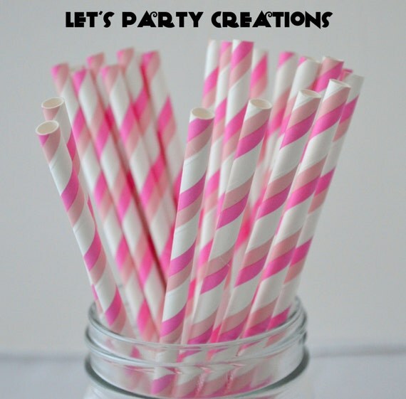 Items similar to Pink Paper Straws, 25 Double PINK Striped Paper Straws