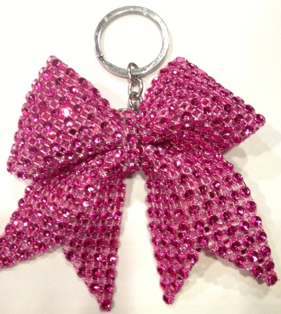 Hot Pink Rhinestone Bling Keychain Holders Bow Ribbon Cheer