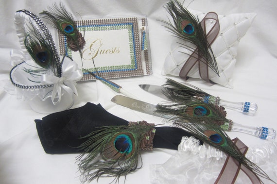  Peacock  Print Wedding  Guest Book Cake  Knife  Server Basket