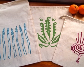 Hand Printed Produce Bags- Organic Cotton Muslin- Set of 3