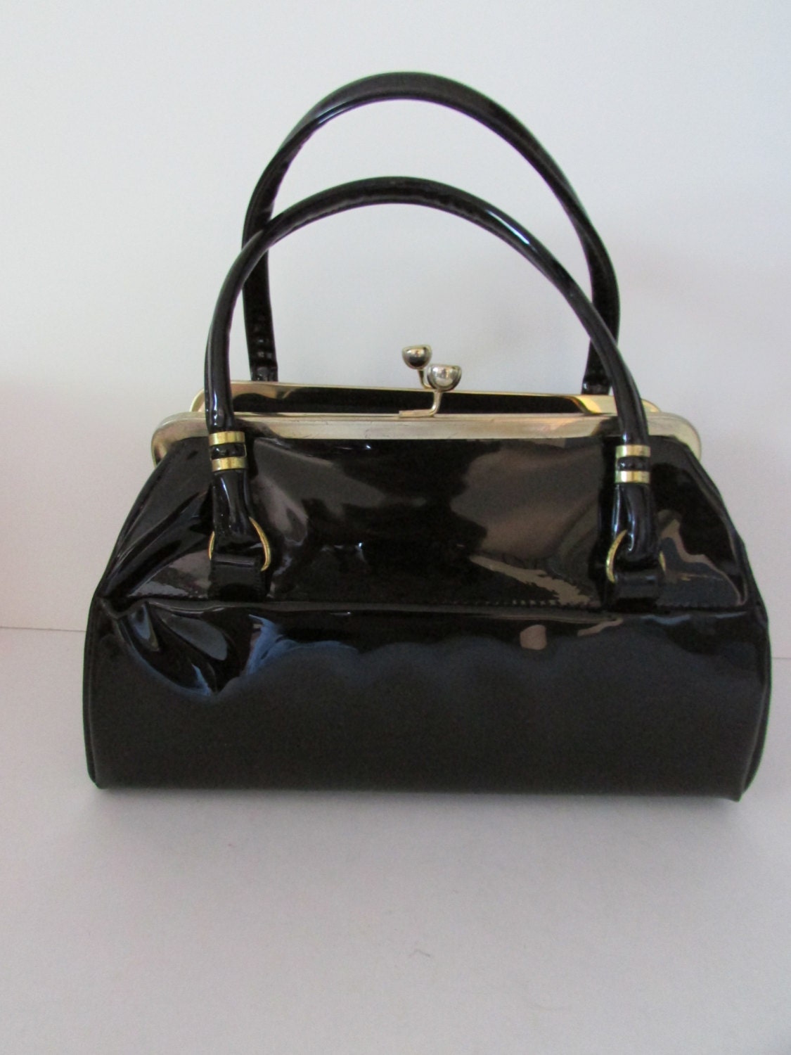 Vintage Handbag Black Patent Leather Barrell Bag