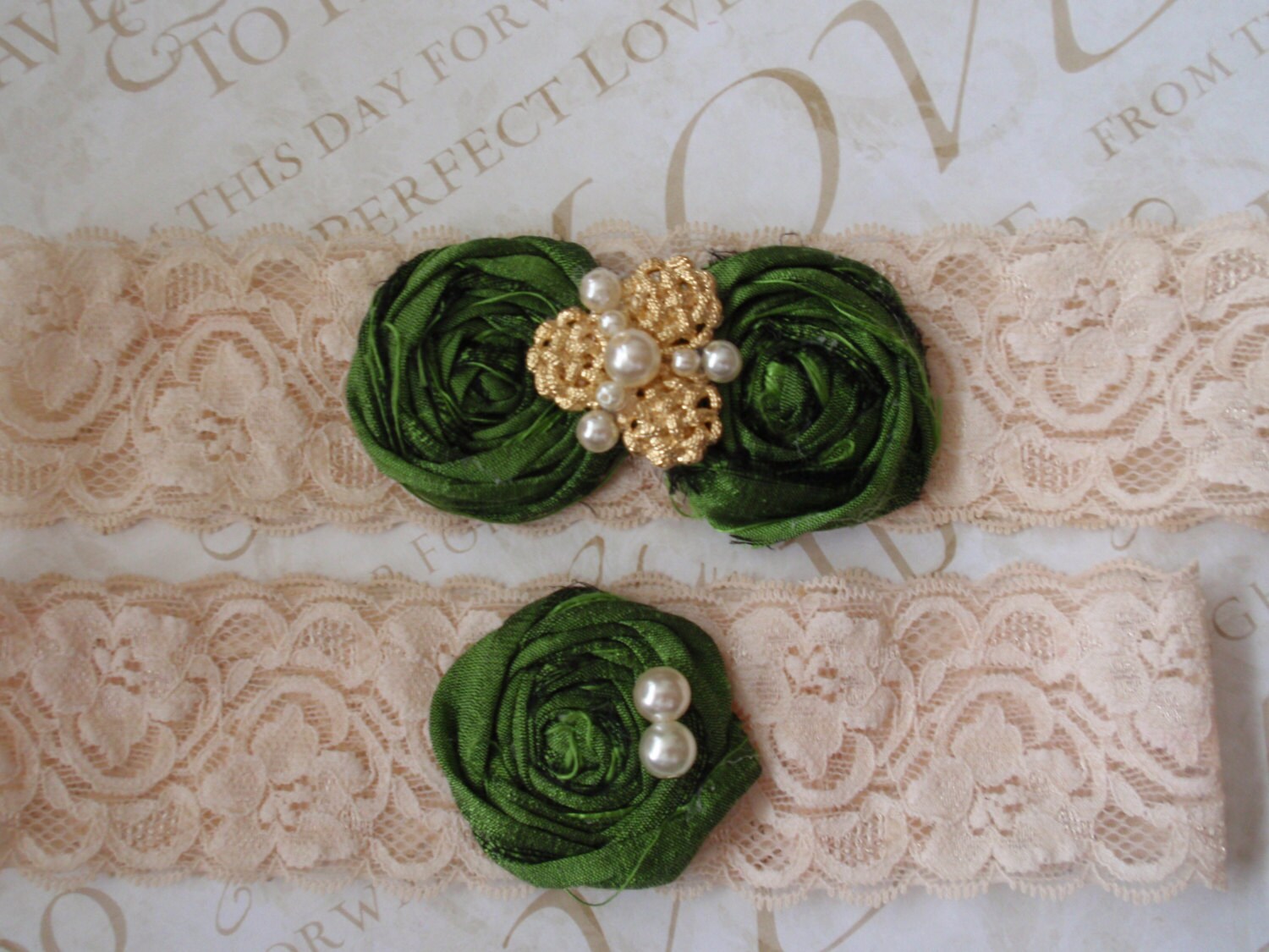 Green Garters Dupioni Silk Wedding Garters by AldonasBoutique