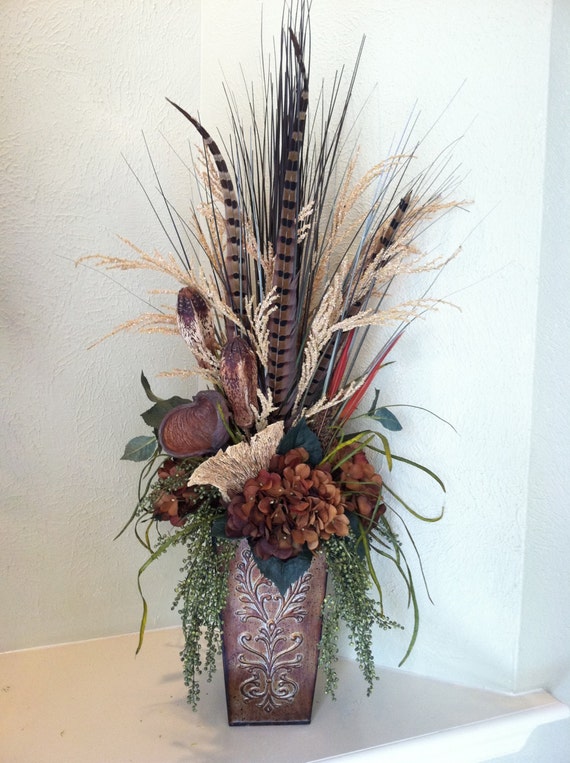 Natural Feather Pod & Hydrangea Faux Floral Arrangement