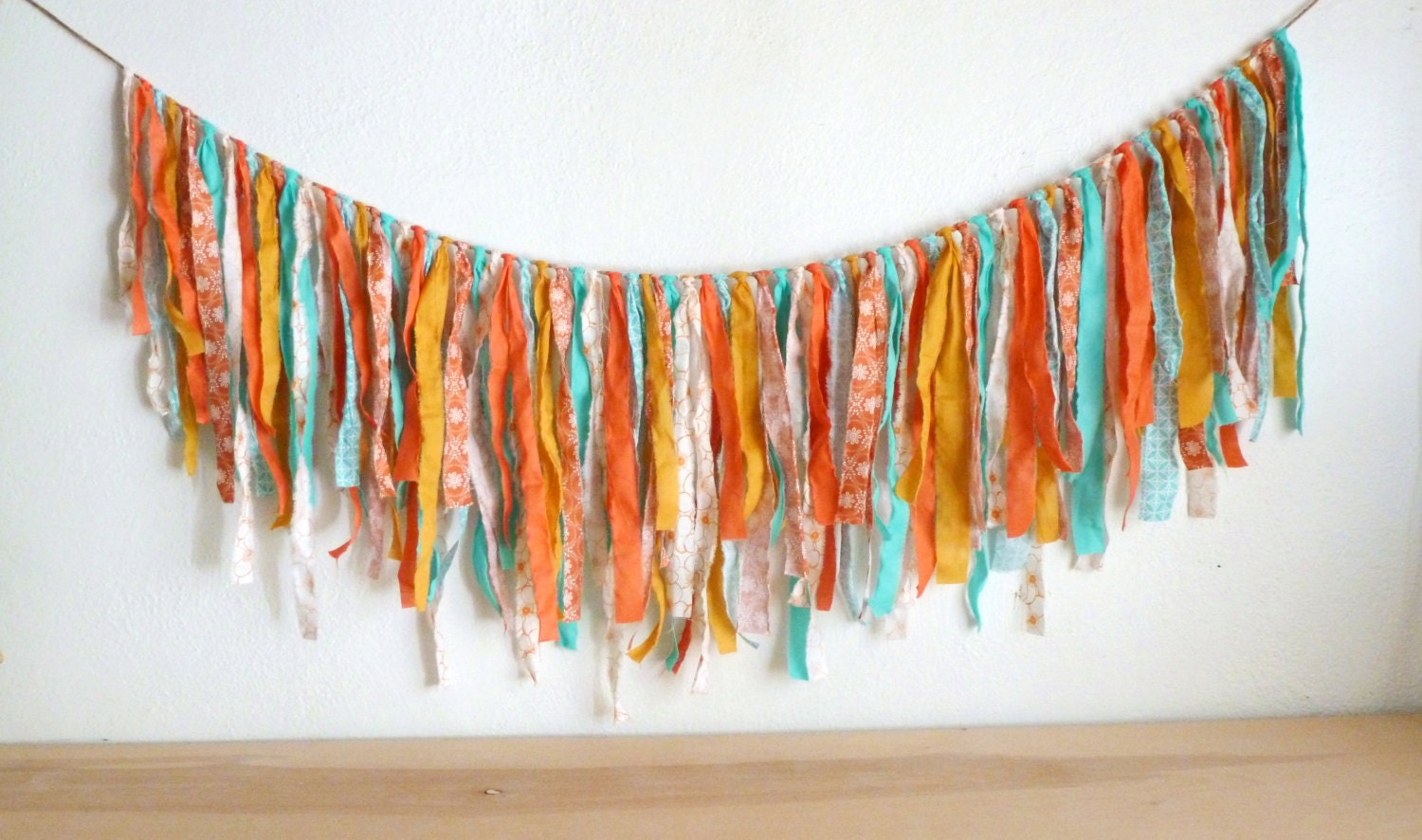 Torn Fabric Garland Shades of MUSTARD CORAL and AQUA