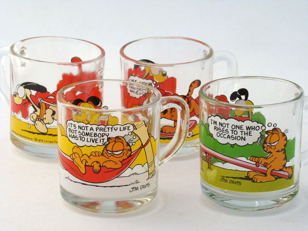 Garfield Glass Mugs with Odie Vintage 1980's Jim Davis