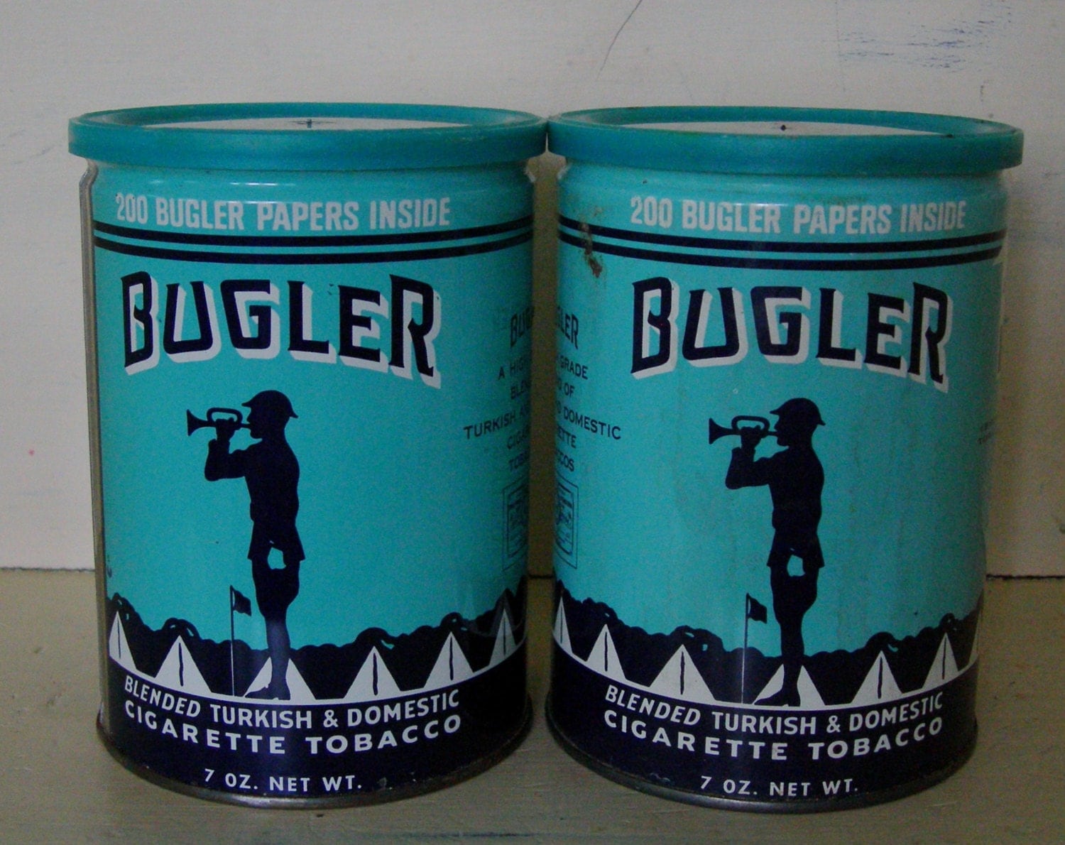 Pair of Vintage Bugler Tobacco Tin Cans Mid Century with
