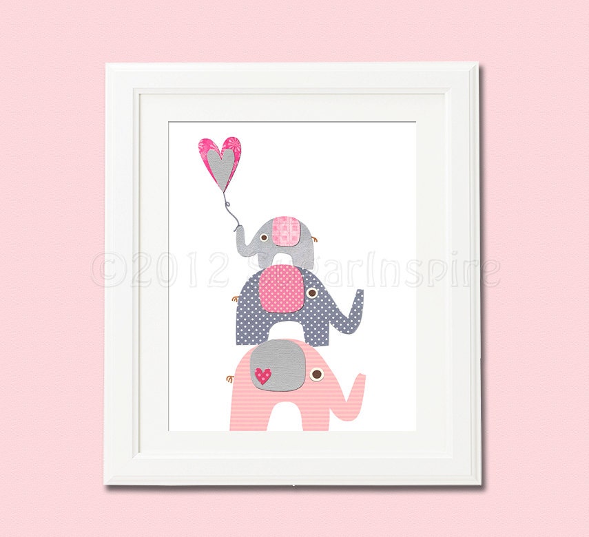 Pink and grey Elephant Nursery Art nursery room decor 8x10