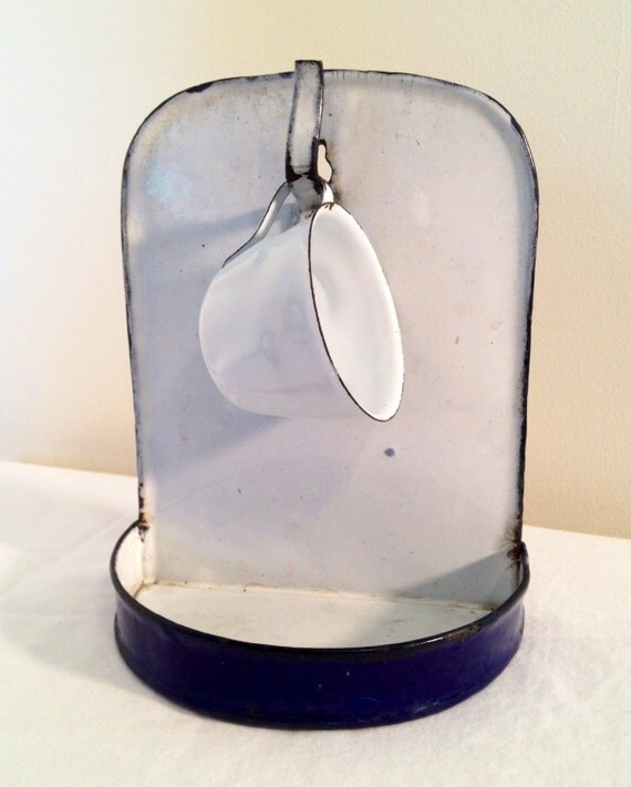 Vintage French Enamel Bathroom Wall Mount Soap Dish and Cup