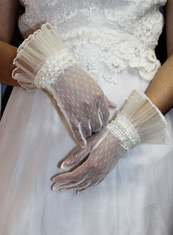 Items similar to Romantic Bridal Lace gloves, White Pearls Wedding