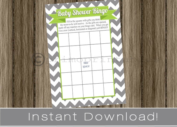 Baby Shower Bingo Game Cards boy gray chevron and lime green INSTANT DOWNLOAD diy printable file print your own, baby shower activity idea Il_570xn