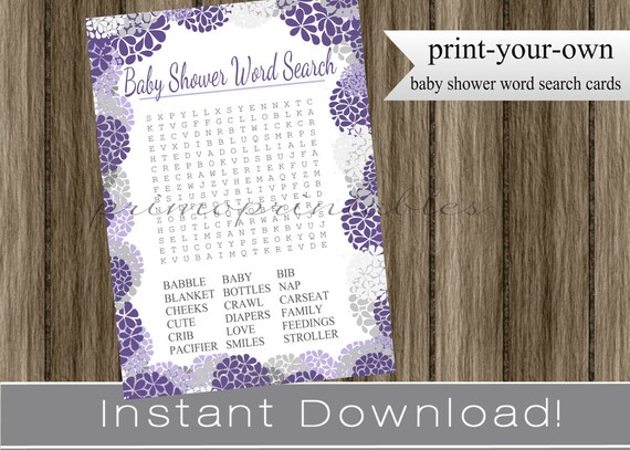 Baby Girl Shower Word Search game cards purple hydrangeas INSTANT DOWNLOAD diy printable digital file print your own , babyshower Il_570xn