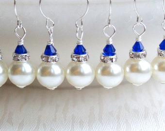 Royal Blue Earrings Bridesmaid Gift Earrings Ivory Swarovski Glass pearl Rhinestone Crystal wedding party beaded jewelry Royal Blue jewelry
