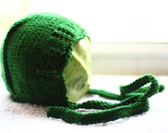 EMERALD SPARKLE handmade baby's knitted bonnet, bamboo yarn bright green, nb, 0-3, 3-6, 6-12 months hat, lace edges, spring, summer, autumn