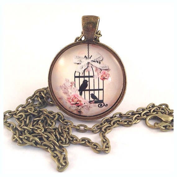 Cream Birdcage Bronze Pendant Necklace cream by KitschyKooDesign