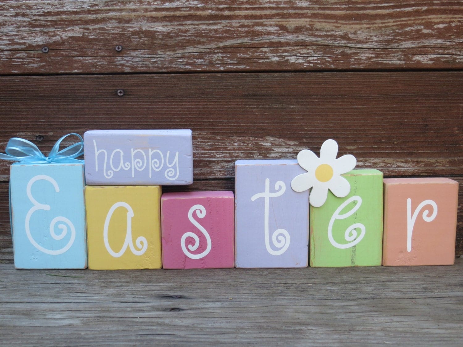 Happy Easter Wood Blocks Home Decoration in Bright Fun Spring